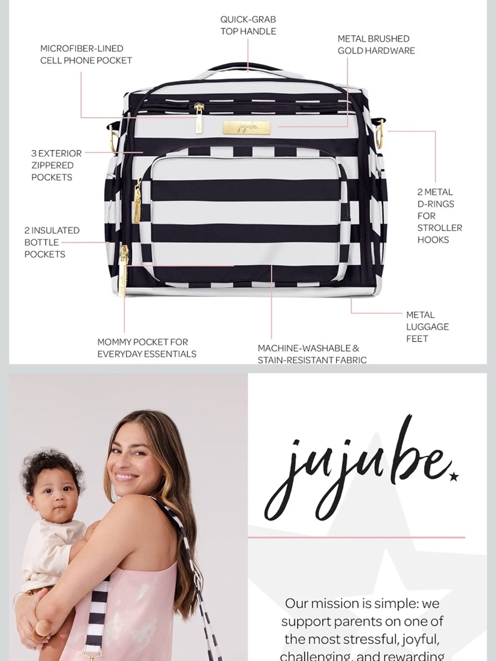 JuJuBe B.F.F. The First Lady Convertible Diaper Bag Black White Gold Luxury Baby